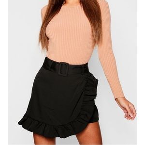 Boohoo Belted Black Ruffle Wrap Skort
